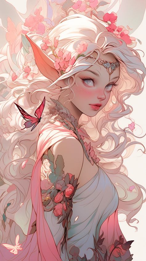 A beautiful Fae Goddess with a butterfly on her shoulder Fairy Bard Dnd, Summer Eladrin Female, Fae Goddess, Spring Eladrin, Alien Comic, Ranger Dnd, Fae Art, Moth Art, Roleplay Characters