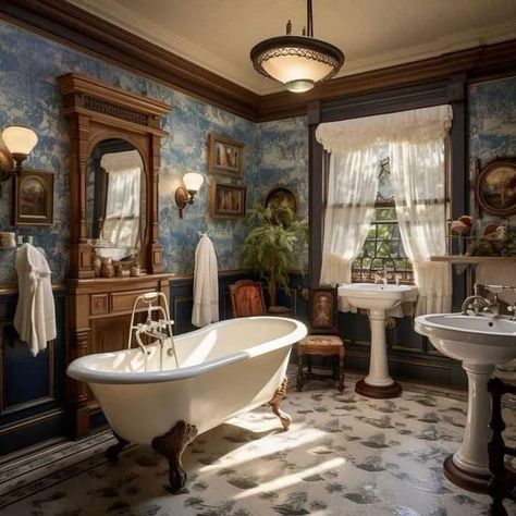 1850s Aesthetic House, Victorian Homes Bathroom, Victorian Era Homes Interiors, Victorian Homes Interior Living Room, Victorian Home Bathroom, Old Money Bathroom, Blue Vintage Bathroom, Princess Apartment, Victorian Home Design