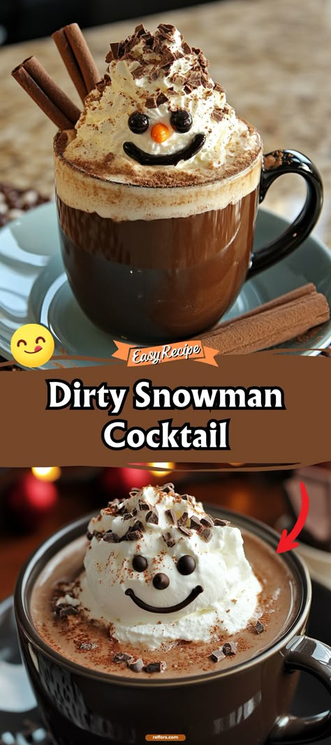 Indulge in the decadent delight of a Dirty Snowman Cocktail, blending rich chocolate with creamy liqueur for a winter cocktail that’s both naughty and nice. It’s the perfect adult beverage to enjoy by the fireside. #DirtySnowman #WinterCocktail #DecadentDrink Dirty Snowman Hot Chocolate, Easy Dirty Snowman Cocktail, Melted Snowman Cocktail, Dirty Snowman Drink Baileys, Hot Cocoa Alcoholic Drink, Hot Chocolate Cocktail Recipes, Warm Adult Beverages, Frosty The Snowman Cocktail, Christmas Drinks Alcohol Recipes Winter Cocktails