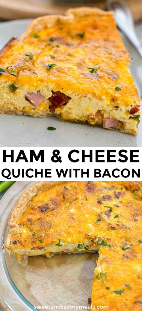 Ham and Cheese Quiche is the perfect way to start your mornings! It takes less than 15 minutes to prepare and its loaded with ham, bacon, cheese, and green onions. #quiche #breakfast #brunch #sweetandsavorymeals #breakfastrecipes #easyrecipe Breakfast Brunch Buffet, Quiche Ham, Quiche Breakfast, Bacon Quiche Recipe, Bacon And Cheese Quiche, Ham And Cheese Quiche, Friends Recipes, Quiche Recipes Easy, Bacon Quiche