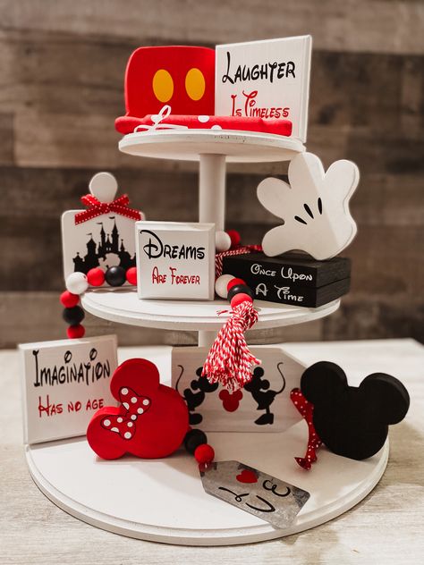 Disney Christmas Kitchen, Mickey Tiered Tray Decor, Mickey Mouse Tiered Tray, Disney Crafts To Sell, Disney Tiered Tray, Disney Tiered Tray Decor, Diy Disney Decor, Disney Kitchens, Tier Tray Ideas