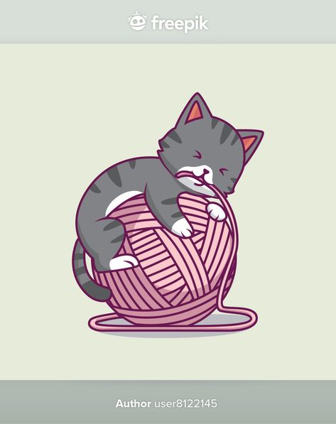 Cat Playing With Ball Drawing, Cat With Ball Of Yarn Drawing, Cat Playing With Yarn Tattoo, Cat With Yarn Drawing, Cat Playing With Yarn Drawing, Yarn Ball Illustration, Yarn Ball Drawing, Cat Playing Illustration, Crochet Vector