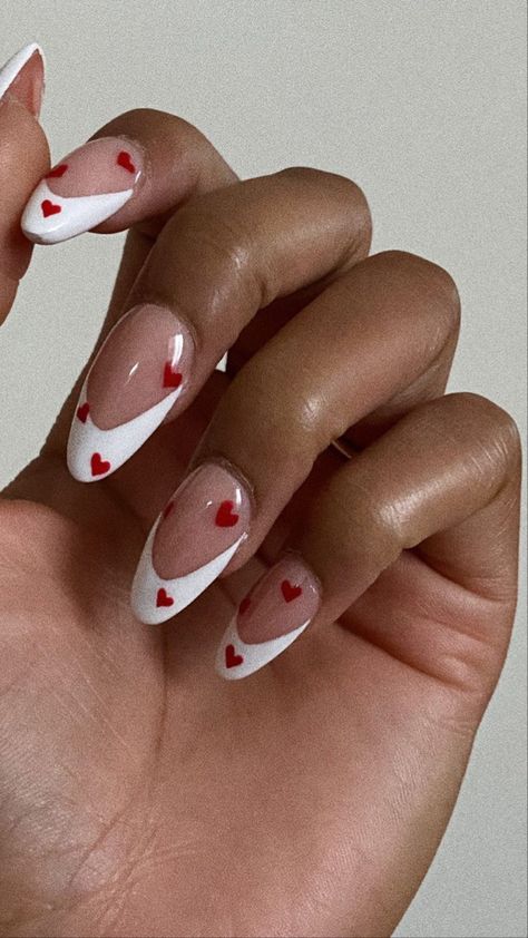 Heart Acrilyc Nails, Heart Acyrilics Nails, Almond Nails Hearts, Heart Tip Almond Nails, Almond Nails Heart Tips, Almond Acrylic Nails Designs, French Top, Overlay Nails, Tapered Square Nails