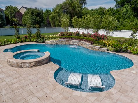 Free Form Pool Designs – Swim-Mor Pools and Spas Inground Pool And Spa Ideas, Free Form Pools With Spa, Kidney Shaped Pool Landscaping, Purification Of Water, Free Form Pools, Freeform Pool Designs, Backyard Vacation, Inground Pool Designs, Square Pool