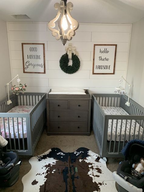 Twin Nursery Room Boy And Girl, Rustic Twin Nursery, Twin Girl Nurseries, Nursery With 2 Cribs, 2 Crib Nursery, Nursery Ideas For Twins Boy And Girl, Nursery Room For Twins, Twin Boy And Girl Nursery Ideas, Nursery Ideas Twins Boy And Girl