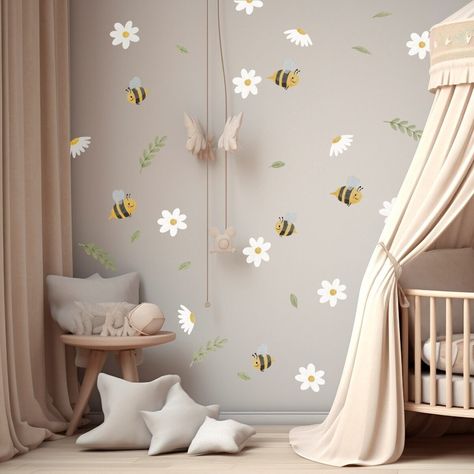 Daisies, leaves and bees stickers dimensions and quantities of stickers: - daisies size about 10 cm - 12 stickers - daisies size approximately 11 cm x 6 cm - 12 stickers - bees approximately 11 cm x 10 cm and 9 cm x 8 cm - 8 stickers - leaves length from 6 cm to 17 cm - 19 stickers - the set contains 51 stickers! We present to you a unique set of stickers - bees, leaves and daisies. Stickers will work well in a children's room, but you can also decorate a bedroom or living room. Let these insect Nursery Bee Theme, Honey Themed Nursery, Spring Nursery Ideas, Bee Nursery Ideas, Bumble Bee Nursery Decor, Bees Stickers, Bee Mural, Bee Themed Nursery, Yellow And Grey Nursery