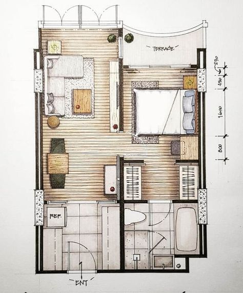 Interior Architecture Sketch, Interior Design Sketchbook, Rendered Floor Plan, Interior Design Layout, Furniture Design Sketches, Interior Design Renderings, Architecture Drawing Plan, Interior Design Plan, Drawing Interior