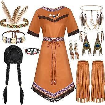 American Costume, Boot Covers, Braided Wig, Feather Headband, Costume Jewelry, Jewelry Set, Native American, Halloween, Design