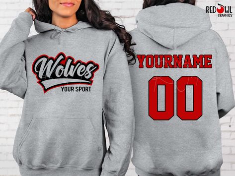 Personalized Wolves School Spirit T-Shirt Crewneck, Hoodie Hooded Sweatshirt Football, Baseball, Basketball, Softball, Track, Volleyball, Cross Country, Cheer, Wrestling Not all colors are available in all sizes and styles.  Please check the color and size charts in photos. We do our best to accurately represent shirt colors by using actual photos but do understand that all monitors will display differently. Please contact us prior to purchase with any questions on sizing or colors. Your purchase includes a custom imprint created specifically for your team! A product proof will be emailed to you within 1 business day.  Please keep an eye on your Etsy messages and reply with any changes within 24 hours. Your order will be sent to production after that time if no response is received. Excess Softball Sweatshirt, Represent Shirt, Archery Shirts, Wrestling Shirt, Panther Shirts, Basketball Sweatshirts, Baseball Sweatshirts, Wrestling Shirts, Personalized Basketball