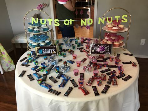 Nuts or no nuts gender reveal Half of the table has blue candy with nuts while the other has no nuts for girls Nuts Or No Nuts Gender Reveal Ideas, Nuts No Nuts Gender Reveal, Nuts Or No Nuts Gender Reveal, Drag Party, Du Plessis, Gender Reveal Ideas, Baby Reveal Party, Gender Party, Gender Reveals