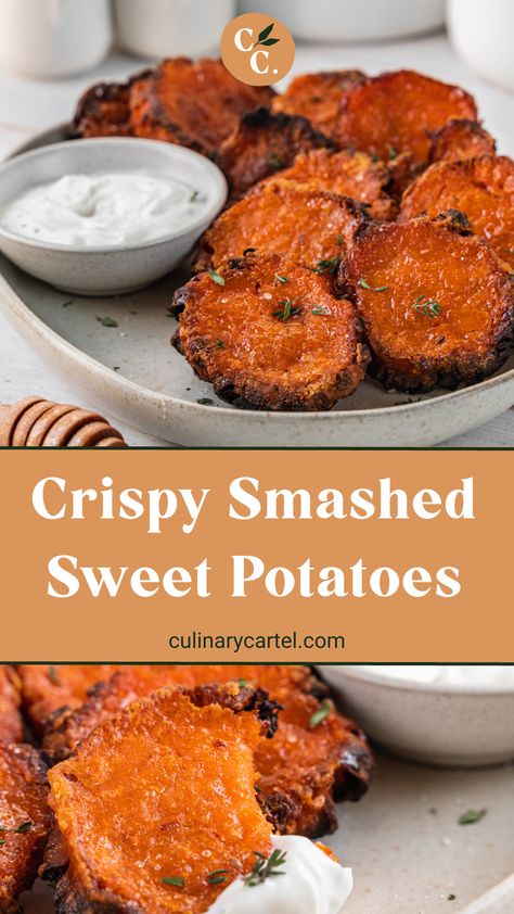 Crunchy, sticky, and sweet, these crispy smashed sweet potatoes deliver a lip smacking flavour. Ready in under 1 hour, enjoy these as a quick lunchtime snack or as a side to your Sunday roast. Crispy Sweet Potato Stacks, Crispy Sweet Potato Hashbrowns, Sweet Potato Crisps Baked, Sweet Potato Thins Recipes, Chorizo Stuffed Sweet Potatoes, Sweet Potato Recipes Crispy, Crispy Air Fryer Sweet Potatoes, Freezer Friendly Sweet Potato Recipes, Blooming Sweet Potato