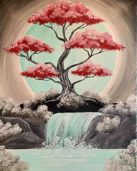 View Sketch Nature, Bonsai Tree Painting Acrylic, Cherry Blossom Painting Acrylic, Cherry Blossom Drawing, Cherry Blossom Painting, Cherry Blossom Art, Canvas Painting Designs, Blossoms Art, Tree Drawing