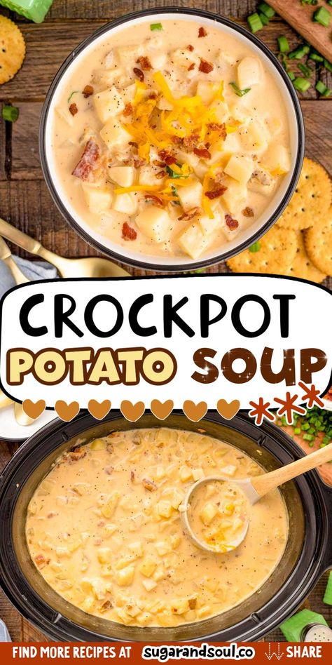 This Creamy Potato Soup is loaded with potatoes, bacon, cheese, heavy cream, and spices for an easy and flavorful crockpot meal the whole family will enjoy! Potato Soup With Cream Cheese, Potato Soup Loaded, Soup With Cream Cheese, Potato Soup Crockpot Recipes, Potato Soup Crock Pot Easy, Crockpot Potato Soup, Soup Potato, Crockpot Potato, Slow Cooker Potato Soup