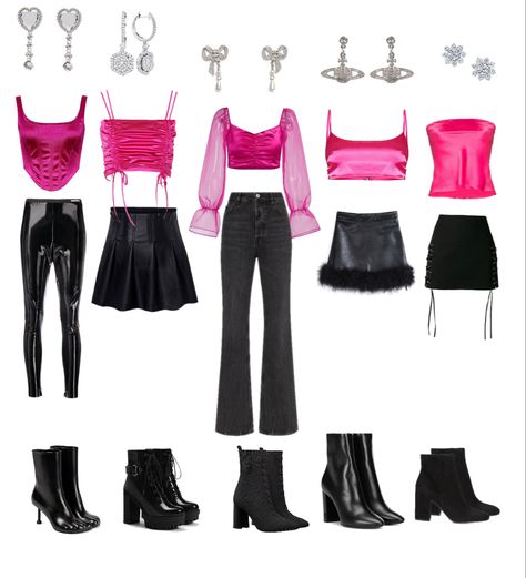 Barbie Black Outfit Ideas, Pink And Black Party Outfits, Barbie Outfits Black And Pink, Barbie Pink And Black Outfit, Black Pink Outfits Inspired, Pink Outfits Aesthetic Concert, K Pop Outfits Black Pink, Pink With Black Outfit, K Pop Concert Outfit Ideas Blackpink