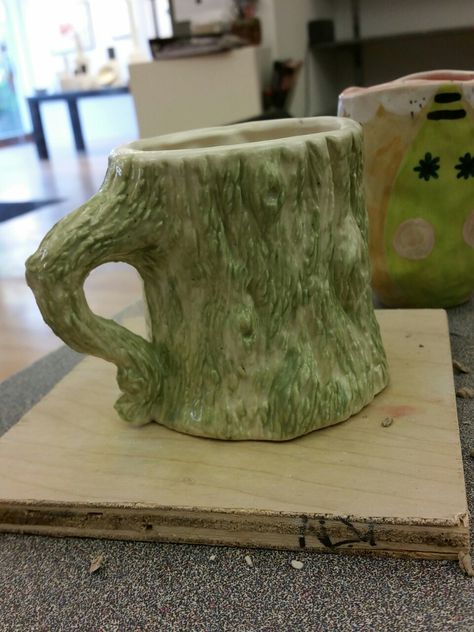 Slip cast tree trunk mug Ceramic Tree Trunk, Fairycore Kitchen, Cement Flower Pots, Tree Mug, Pottery Inspo, Tree Textures, Tree Stamp, Clay Mugs, Pinch Pots