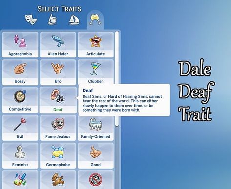 Dale Deaf Trait by DaleRune from Mod The Sims Sims 4 Cc Deaf Trait, Sims 4 Sign Language Mod, Sims 4 Deaf Mods, Sims 4 Deaf, Sims 4 Disabilities Mod, Sims 4 Disabilities Cc, Sims 4 Cc Disabilities, Ts4 Traits, Sims Traits