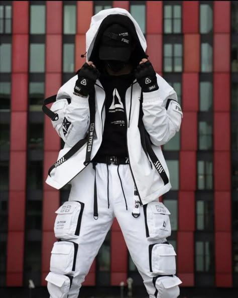 White Techwear Men, Tech Wear Vest, Techwear Men Outfit, Techwear Character Design, Cyberpunk Fashion Male, Cyberpunk Outfit Male, Cyberpunk Wear, White Techwear, Futuristic Clothes