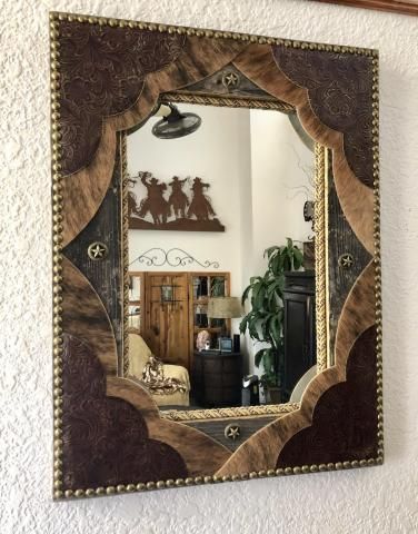 Tooled Leather & Cowhide Fancy Western Decor Wall Mirror Gold Trim Walls, Western Mirror, Barn Wood Mirror, Cowhide Decor, Brindle Cowhide, Leather Mirror, Handmade Mirrors, Western Rustic, Barn Wood Frames