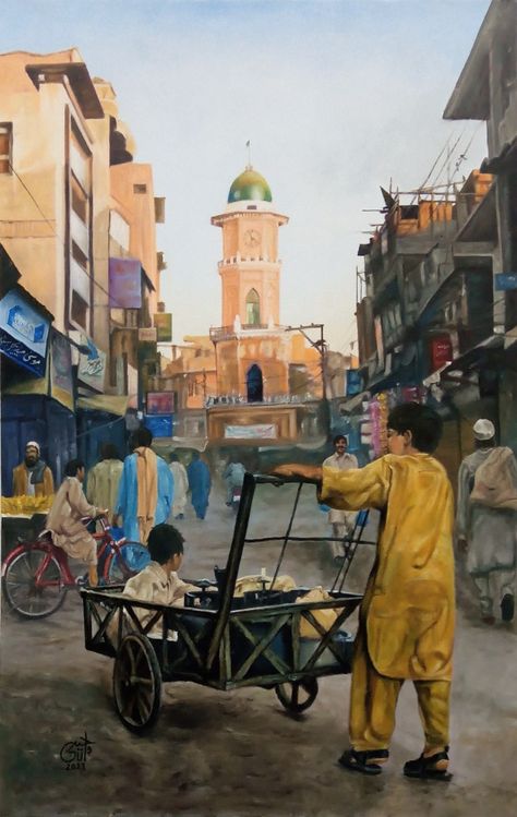 Oil on Canvas Size 24x36 inch Artist: Waheed Gul Waheed Art Studio karachi Pakistan. WhatsApp # +92-334-9287375 Karachi Pakistan, Clock Tower, Canvas Art Painting, Labour, Abstract Prints, Art Studio, Canvas Size, Cityscape, Oil On Canvas