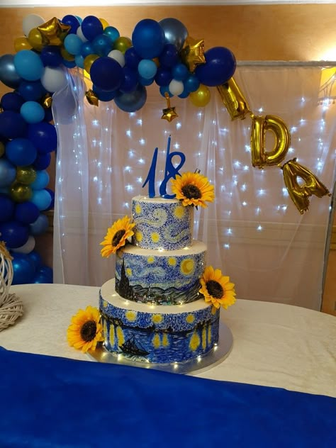 Starry Night Van Gogh Party Decorations, Van Gogh Cake, 16th Birthday Aesthetic, Starry Night Birthday, Starry Night Cake, Gogh Cake, Night Birthday Party, Chocolate Cherry Cake, Birthday Aesthetic