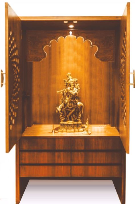 Cabinet style mandirs with shutters is highly recommended for homes not having designated place for Pooja sthan. These cabinets can be placed in any convenient corner in the living or dinning room. After offering prayers, the shutters can be closed and normal chores can be carried out. Cabinet Style, Shutters, Canning, Design