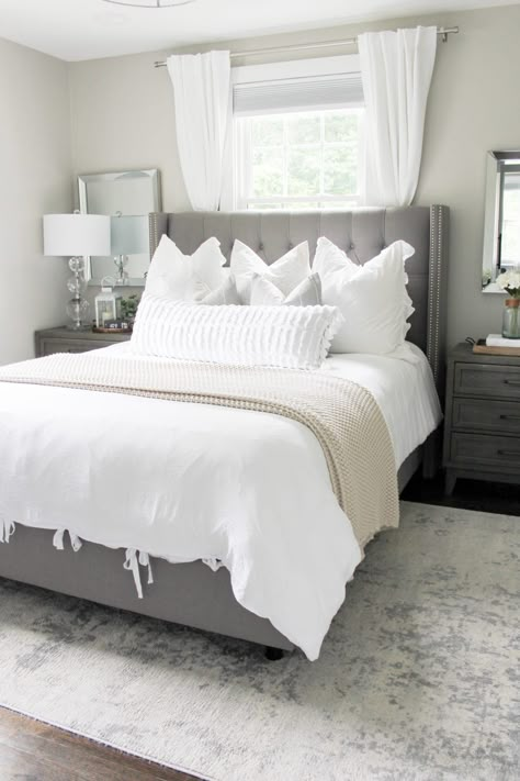 Grey Wood Bed Frame Bedroom Ideas, Grey Headboard Bedroom Ideas, Grey Headboard Bedroom Ideas Decor, Cream Interior, Comforter Blanket, Modern Farmhouse Bedroom, Beige Bedroom, White Comforter, Relaxing Bedroom