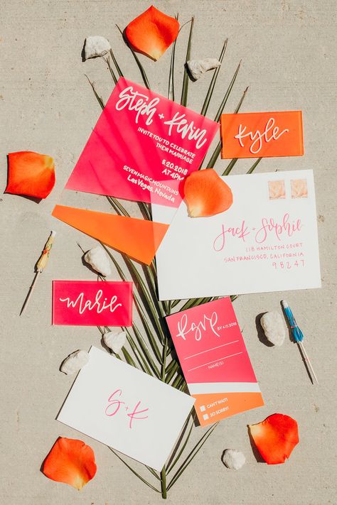 Wedding Envelope Calligraphy, Colorful Wedding Invitations, Custom Wedding Stationery, Acrylic Wedding Invitations, Calligraphy Wedding Invitation, Acrylic Invitations, Neon Wedding, Orange Wedding, Pink Invitations