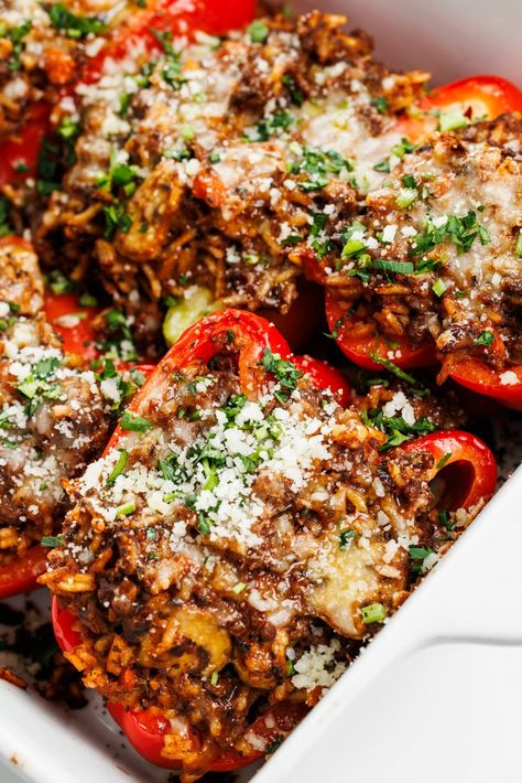 These bison and mushroom stuffed peppers contain lean ground bison, meaty mushrooms, and chewy rice to create a hearty, satisfying twist on a comfort food classic. Bison Stuffed Peppers, Ground Bison Meal Prep, Bison Stuffed Bell Peppers, Bison Meal Prep Recipes, Meal Prep Stuffed Peppers, Bison Dinner Recipes, Recipes With Ground Bison, Bison Ground Beef Recipes, Ground Buffalo Recipes