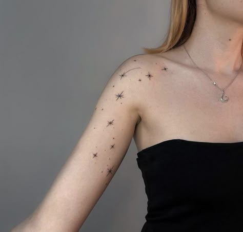 Stars Arm Tattoo Sleeve, Collar Bone Star Tattoos For Women, Sparkling Star Tattoo, Stars Tattoo Arm, Space Shoulder Tattoo, Minimalist Space Tattoo, Star Tattoo Sleeve, Star Arm Tattoo, Arm Tattoo Aesthetic