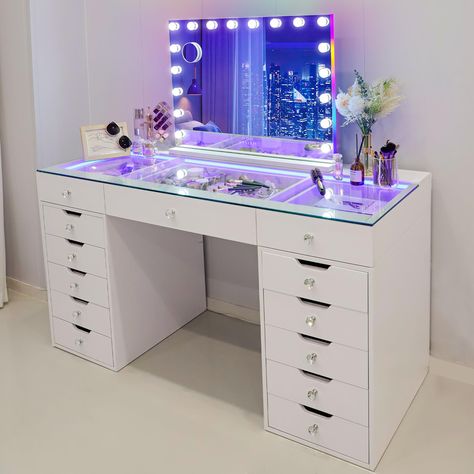 PRICES MAY VARY. RGB BACKLIT & FRONT LIGHT MIRROR - With 18 LED Bulbs and full-spectrum RGB backlit, the vanity mirror not just for makeup, but also perfect as room decor. Front light can be switched by 3 color and backlit can be switched by 6 Static color and 1 dynamic color, illuminating your beauty with amazing lighted mirror. VISIBLE DESKTOP WITH RGB LIGHT - Different from regular one, our makeup desk is convenient for daily makeup or skincare with visual tabletop, helping you to find out it Skincare Table Ideas, Bedrooms For Small Spaces, Cute Thing To Add To Your Room, Clear Vanity Table, Large Vanity Desk, Clear Top Vanity, Vanity Clear Top, My Dream Vanity, How To Organize Vanity