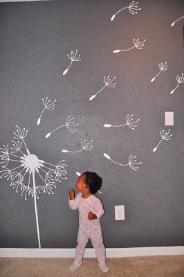 For our little wish come true...and we are now officially all done with the nursery! (Verity is pretending to blow the dandelion ... Dandelion Mural, Dandelion Nursery, Dandelion Art, Flower Mural, Dandelion Seeds, The Dandelion, Church Nursery, Wall Decorating, Kid Bedroom