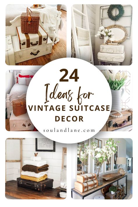 Add a touch of retro chic to your home with creative vintage suitcase decor ideas. From functional uses like stylish storage solutions to aesthetic purposes such as quirky plant holders, these old-fashioned suitcases offer endless possibilities for enhancing your space. Learn how to select the right suitcase for your project, considering factors like size, color, and condition. With these ideas, you'll be able to repurpose vintage suitcases into eye-catching decor pieces that celebrate the beaut Decorative Suitcase Ideas, Vintage Luggage Decor Ideas, Vintage Suitcase Decor Display, Decorating With Vintage Suitcases, How To Decorate With Old Suitcases, Old Suitcases Repurposed, Decorating With Suitcases, Old Suitcase Decor, Old Suitcase Ideas