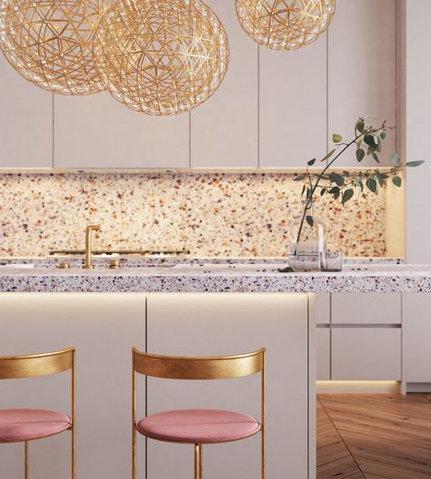 HOME DESIGNING: How To Use Terrazzo In Interior Design: 4 Examples - Contemporary Designers Furniture – Da Vinci Lifestyle Terrazzo Interior Design, Terrazzo Interior, Terrazzo Dining Table, White Kitchen Units, Terrazzo Kitchen, Yellow Dining Chairs, Dining Pendant, Dining Room Wallpaper, Open Plan Living Room