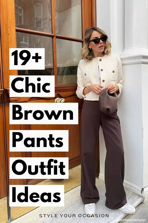 How to Style Brown Pants: 19+ Chic Brown Pants Outfit Ideas. Wondering what to wear with brown pants? You'll love these 19+ chic and modern brown pants outfit ideas for spring, summer, fall, and winter! We have outfit ideas for chocolate, dark, coffee, and wide leg brown pants, perfect for work, casual days, leggings, and more. Fall style, fall outfits. Styling Chocolate Brown Pants, Brown Pants Casual Outfit, Work Outfits Brown Pants, Brown Pant Work Outfit, Styling Dark Brown Pants, Fall Outfits Wide Leg Pants, Work Outfits Women Brown Pants, Winter Outfits Wide Leg Pants, Brown Pants Outfit Women Casual