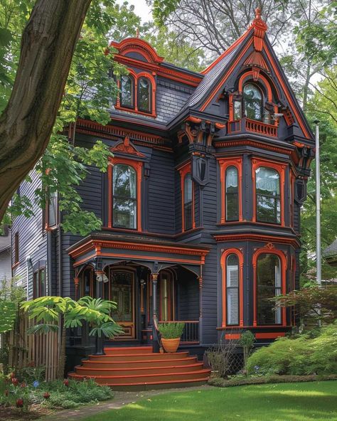 Dark Townhouse Exterior, Red House Exterior, Outside Paint Colors, Industrial Drawing, Dollhouse Exterior, Painted Lady House, Gothic Homes, Victorian Homes Exterior, Inspiring Lifestyle