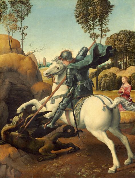 Saint George and the Dragon | c. 1506. Oli on panel. 28,5 x … | Flickr Raphael Paintings, Dragon C, Saint George And The Dragon, Catholic Pictures, Saint George's, National Gallery Of Art, Oil Painting Reproductions, National Gallery, Saint George