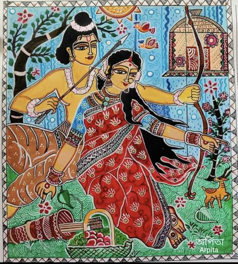 Sita Ram Madhubani Painting, Ram Sita Madhubani Painting, Ram Madhubani Painting, Madhubani Ramayana, Madhubani Paintings Peacock, Mithila Art, Mithila Painting, Gond Art, Mural Art Design