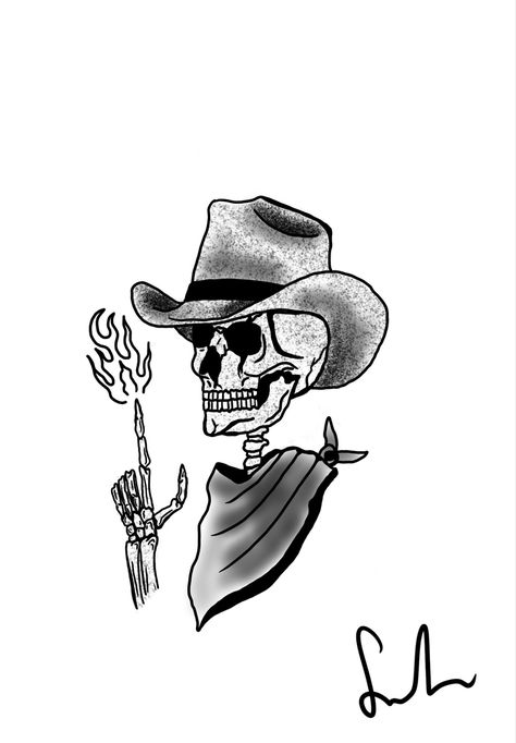 Skeleton With Cowboy Hat Tattoo, Cowboy Hat Drawing, Cowboy Hat Tattoo, Cowboy Tattoos, Bottle Tattoo, Skeleton Tattoos, Western Tattoos, Tattoo Signs, Western Artwork