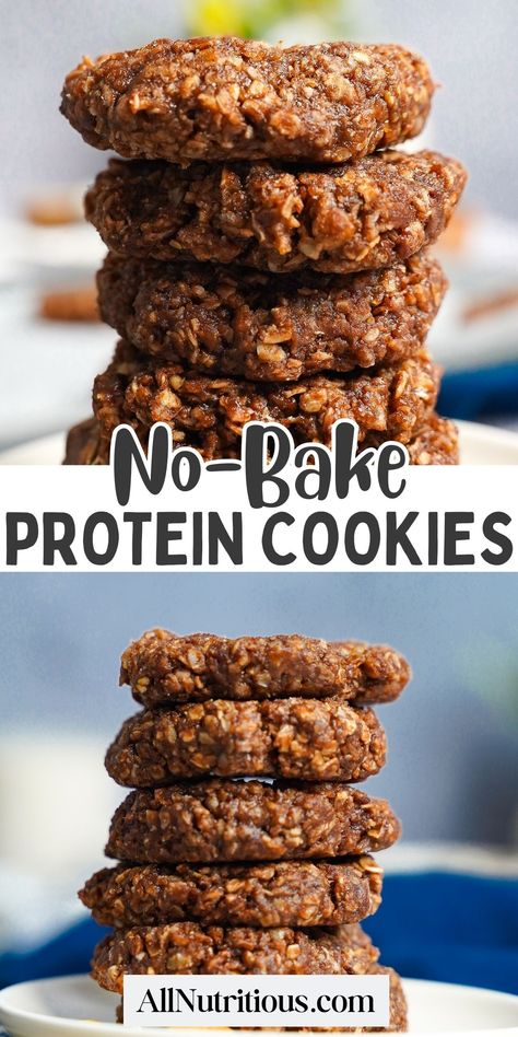 If you are looking for the perfect no-bake vegan dessert that is filling you need to make these delicious no-bake protein cookies. You can enjoy more healthy desserts and snacks this week with this delicious high protein cookie recipe. These healthy cookies are so yummy and easy to make on top of it, they're vegan. Protein Powder Cookies Low Carb, Protein Cookies Without Protein Powder, No Bake High Protein Snacks, No Bake Cookies Protein, No Bake Chocolate Protein Cookies, Yummy High Protein Snacks, High Protein On The Go, Healthier Sweet Snacks, Snack Ideas To Go