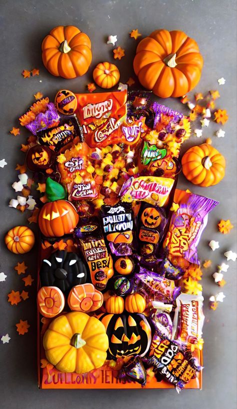 Halloween Candy Aesthetic, Mixed Wallpaper, Halloween Candies, Halloween Tablescape, Candy Halloween, Orange Candle, Sweet Coffee, Cute Fall Wallpaper, Halloween Vibes