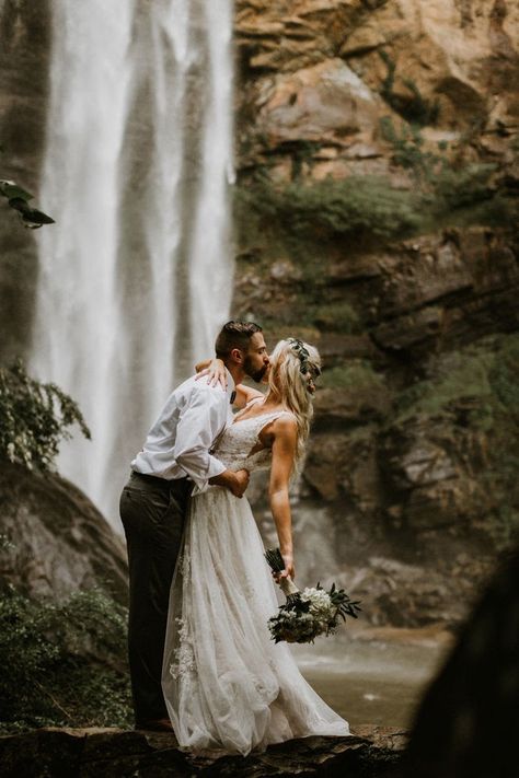 Wedding At Waterfall, Wedding Water Photoshoot, Wedding Waterfall Photos, Waterfall Wedding Pictures, Waterfalls Couple Photography, Waterfall Bridal Photos, Wedding By Waterfall, Waterfall Elopement Photography, Couples Photoshoot Waterfall