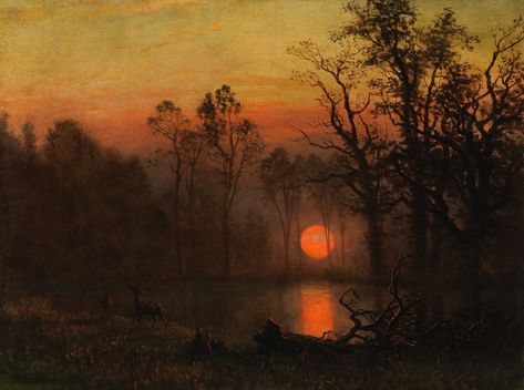 ALBERT BIERSTADT - Sunset Over the Plains; or Deer in a Sunset Landscape, 1887 Albert Bierstadt Paintings, Moose Pictures, Albert Bierstadt, Hudson River School, Sunset Landscape, Arte Fantasy, Ethereal Art, Art And Illustration, Classical Art