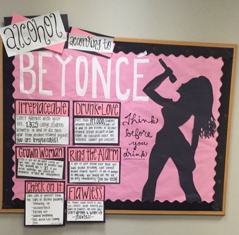 Alcohol According to Beyoncé Alcohol Awareness Bulletin Board Fun Ra Bulletin Boards, Res Life Door Decs, Dorm Bulletin Boards, Ra Decorations, Resident Assistant Bulletin Boards, College Bulletin Boards, Alcohol Awareness, Ra Themes, Passive Programs