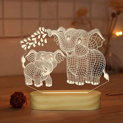 Elephant 3D Lamp, LED Illusion Night Light USB Warm Colors Wooden Lamp Base for Kids Baby Holiday Gifts (Elephant) Elephant Night Light, Wooden Lamp Base, Elephant Lamp, Animal Night Light, 3d Night Light, 3d Lamp, Small Table Lamp, 3d Illusion, Lamp For Bedroom