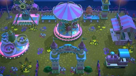 Acnh Fair Grounds, Acnh Plaza Ferris Wheel, Carnival Area Animal Crossing, Acnh Theme Park Ideas, Acnh Waterpark, Amusement Park Animal Crossing, Acnh Festivale Designs, Acnh Circus Ideas, Animal Crossing Fairground