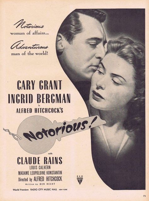 Notorious 1946, Claude Rains, Hitchcock Film, Alfred Hitchcock Movies, Classic Film Stars, Old Movie Posters, Noir Movie, Retro Film, Ingrid Bergman