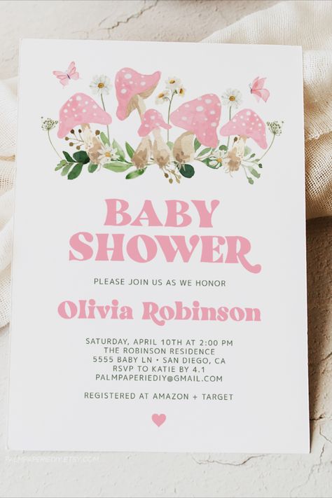 Mushroom Baby Shower Ideas. These pink mushroom invitations are perfect for an enchanted forest theme for baby girl! Enchanted Baby Shower Theme Girl, Enchanted Forest Baby Shower Theme Girl, Enchanted Forest Invite, Mushroom Baby Shower Ideas, Lavender Baby Shower Theme, Enchanted Forest Baby Shower Theme, Forest Baby Shower Theme, Enchanted Forest Baby Shower, Lavender Baby Showers