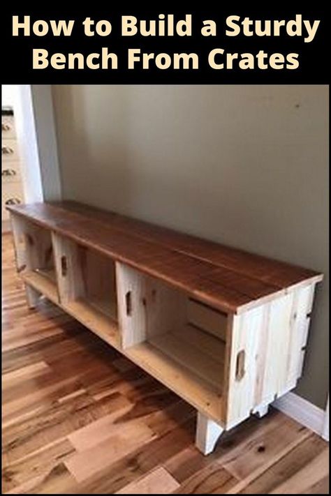 How to Build a Sturdy Bench From Crates: Transform simple crates into a stylish and functional bench for your home DIY project! How To Make A Storage Bench, Wood Crate Bench, Wooden Crates Projects, Bookshelf Bench, Make A Bench, Unique Bench, Crate Bench, Making A Bench, Crate Bookshelf