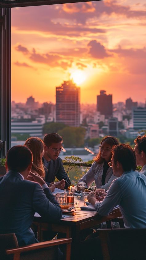 Sunset Business Meeting: A group of professionals engaged in a meeting at a restaurant with a beautiful sunset backdrop. #sunset #business #meeting #professionals #restaurant #cityscape #colleagues #discussion #aiart #aiphoto #stockcake https://ayr.app/l/Bpy9 Meeting Aesthetic, Sunset Restaurant, Business Dinner, Sunset Backdrop, Corporate Life, Sunset Party, Group Discussion, Casual Meeting, Staff Party