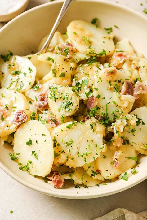 German Potato Salad | Real Balanced Homemade Potato Salad, Cucumber Onion Salad, Texas Recipes, German Potato Salad Recipe, Homemade Potato Salads, Cauliflower Potatoes Salad, Potatoes Crispy, German Dishes, Fresh Corn Salad